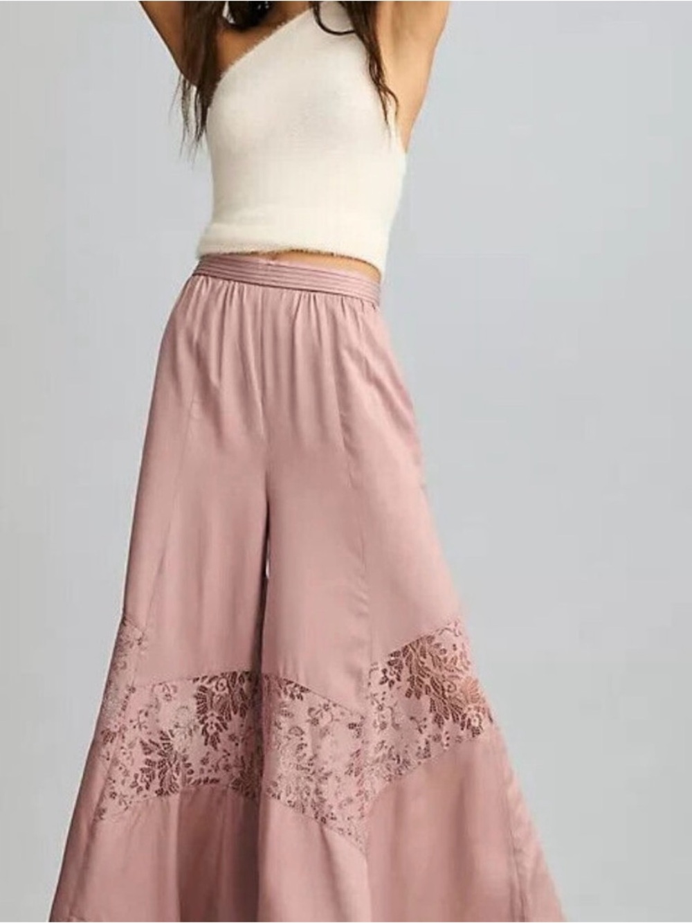 Anthropologie Blush Pink Wide-Leg Lace-Panel Pants